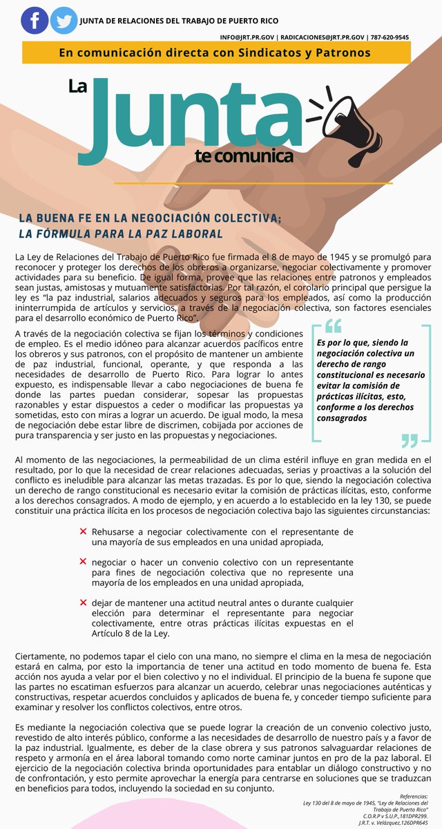 📣LA JUNTA TE COMUNICA:
🤝LA BUENA FE EN LAS NEGOCIACIONES; LA FÓRMULA PARA LA PAZ LABORAL