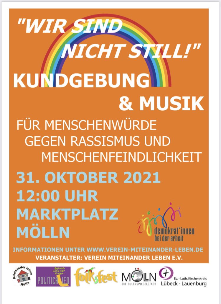 ProvinzAntifa's tweet photo. "Wir sind nicht still!"
Antirassistische Kundgebung in Mölln am Reformationstag

Die Kundgebung wird unter Berücksichtigung der Coronareglungen mit Masken- und Abstandbestimmungen durchgeführt. https://t.co/BJTt7ngpF2