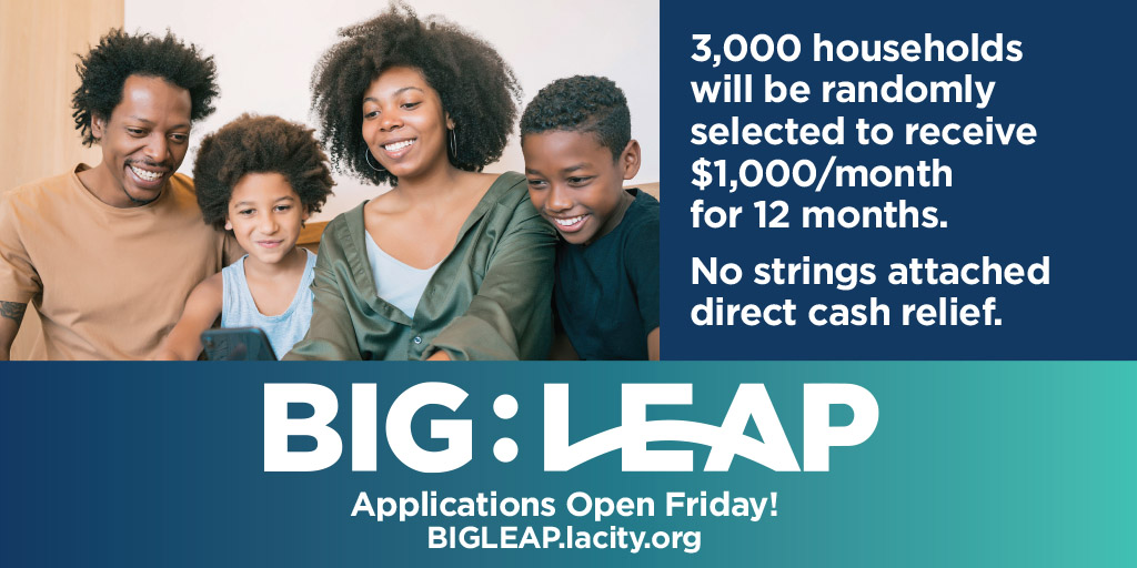 Approximately 3,000 Angelenos will be randomly selected to participate in BIG:LEAP. Call Toberman to make an appointment for assistance with your application. Applications open this Friday! #basicincome #guaranteedbasicincome #LosAngeles #covid