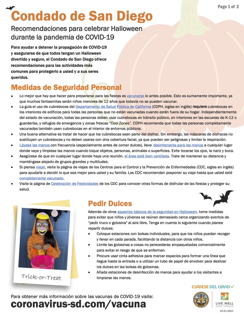 sdneighborhood's tweet photo. To help stop the spread of COVID-19 and make sure everyone has a fun, safe Halloween, @SanDiegoCounty  offers recommendations for the most common activities to protect you and your loved ones. #HappyHalloween #ThePrideOfSanDiego #KCNS https://t.co/ZL7WRRWHqF