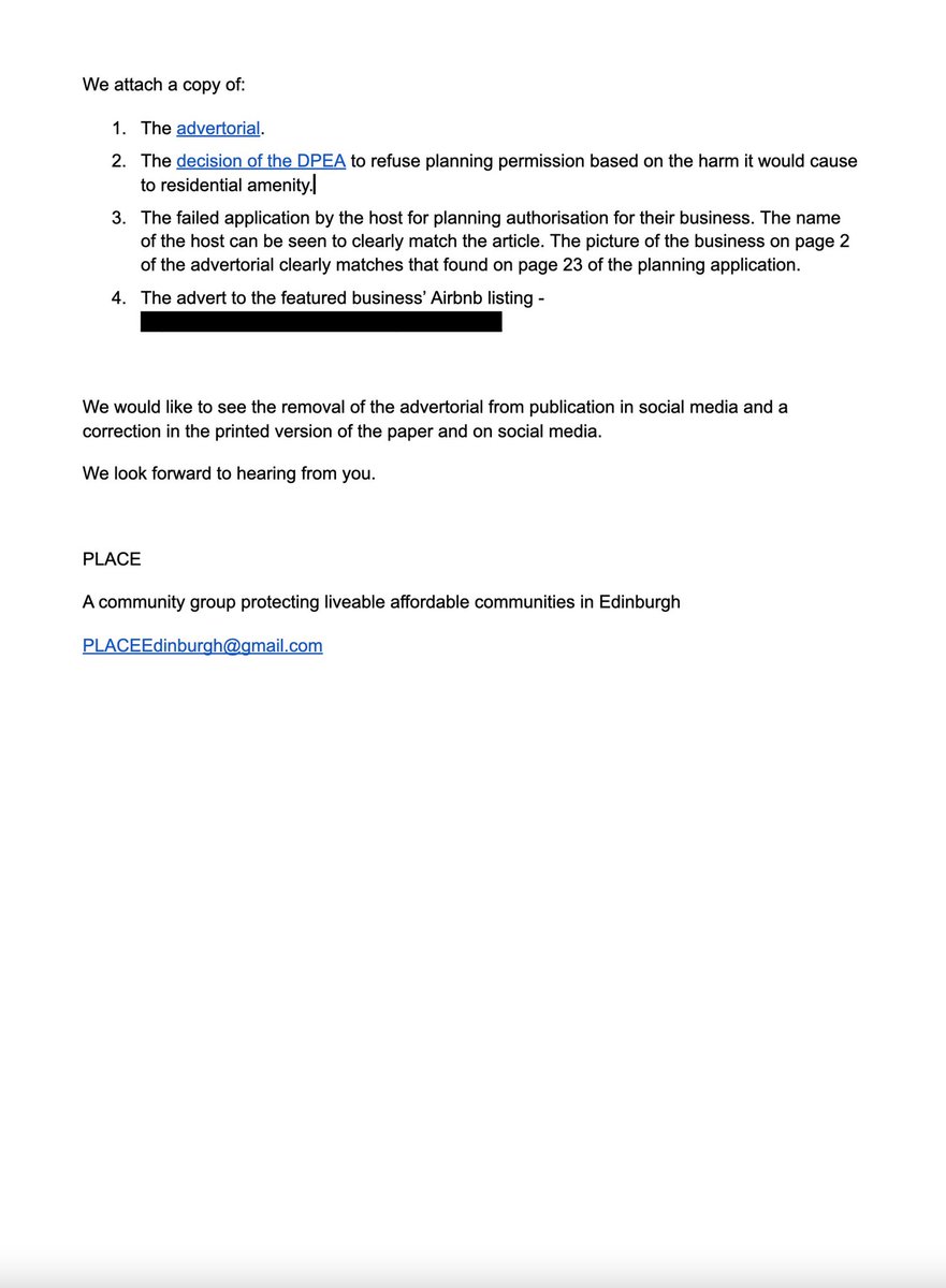 We are still waiting for a response from @Airbnb . Here is our complaint letter pointing out that the paid for advertorial in the Evening News was unfair and misleading, promoting an operating short term let business that the @DPEAScotland had directed to be closed down in 2019.