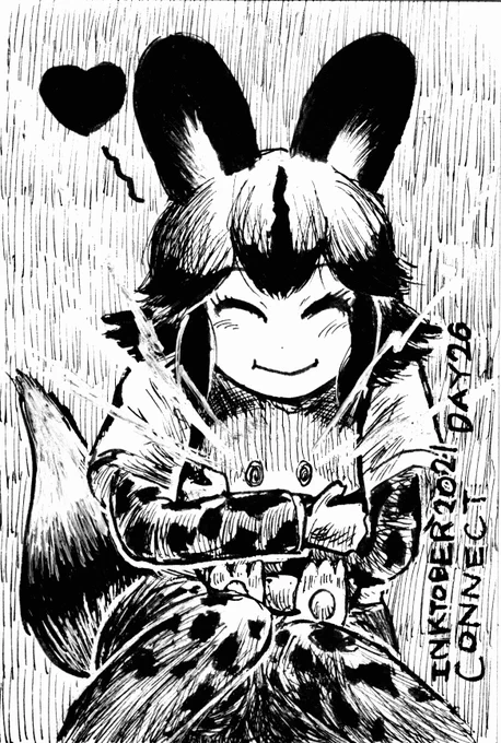 #inktober2021 #inktober #けものフレンズ DAY26 CONNECTボスがリカオンちゃんに捕獲され愛でられている!!緊急通信!ケシテハシラズ イソイデアルイテキテ ソシテハヤクボクヲタスケテ 