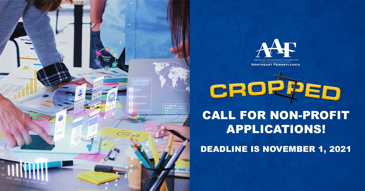 Does your non-profit need a rebrand? If so, you should consider applying for AAF NEPA's CROPPED! The deadline to apply is Wednesday, 11/1/2021. Please apply here (ow.ly/JCI050Gzwxz) or email Lisa Reynolds, AAF NEPA’s Director of Education, at lisa.reynolds@wilkes.edu.