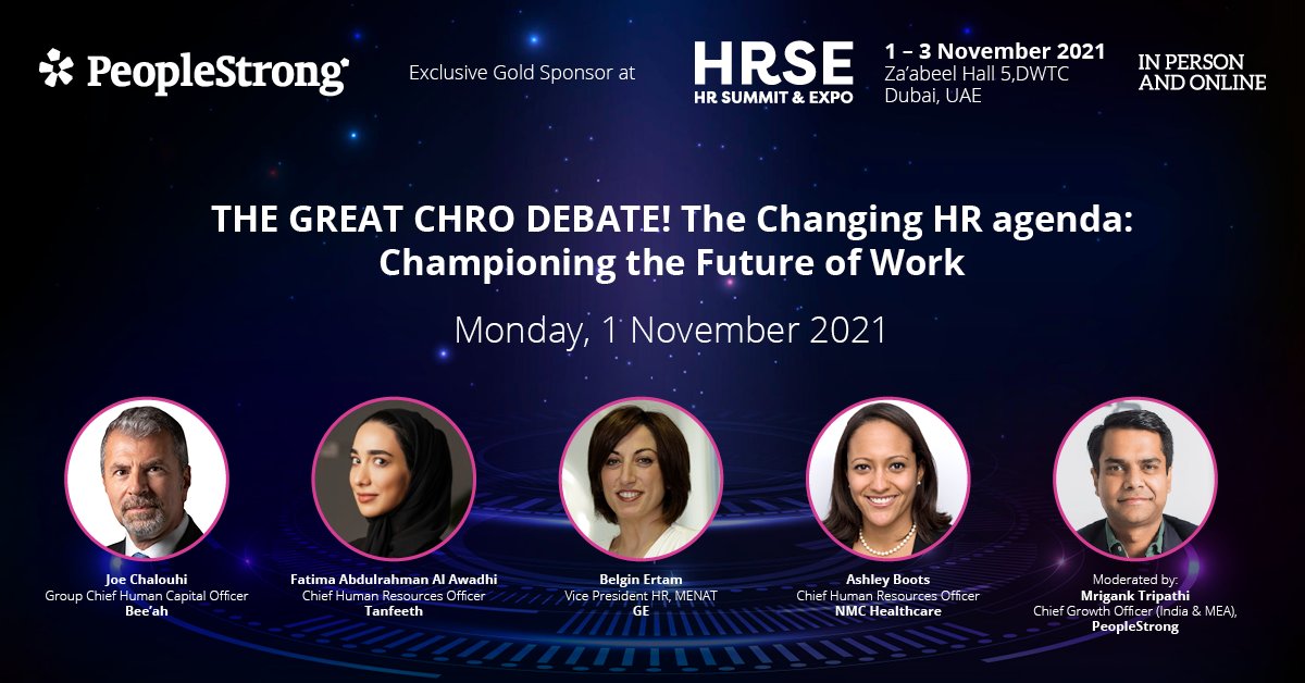 So excited for THE GREAT CHRO DEBATE happening at #HRSEDXB on 1 November, 2021! Of course, we are thrilled to have Gold Sponsor <a href="/peoplestrong/">PeopleStrong</a> as part of this year's Summit with none other than <a href="/mtripathi/">Mrigank Tripathi</a>  moderating this panel

Are we seeing you at #HRSEDXB in T-minus 3 days?