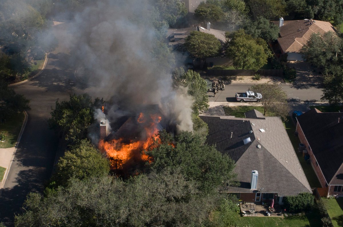 A SWAT standoff in Southwest Austin reportedly began after a resident fired a gun when city code staff came to mow his lawn. 

It ended with the home fully engulfed in flames (officials say the fire was started inside) and the man fatally shot by police atxne.ws/3jJpQb6
