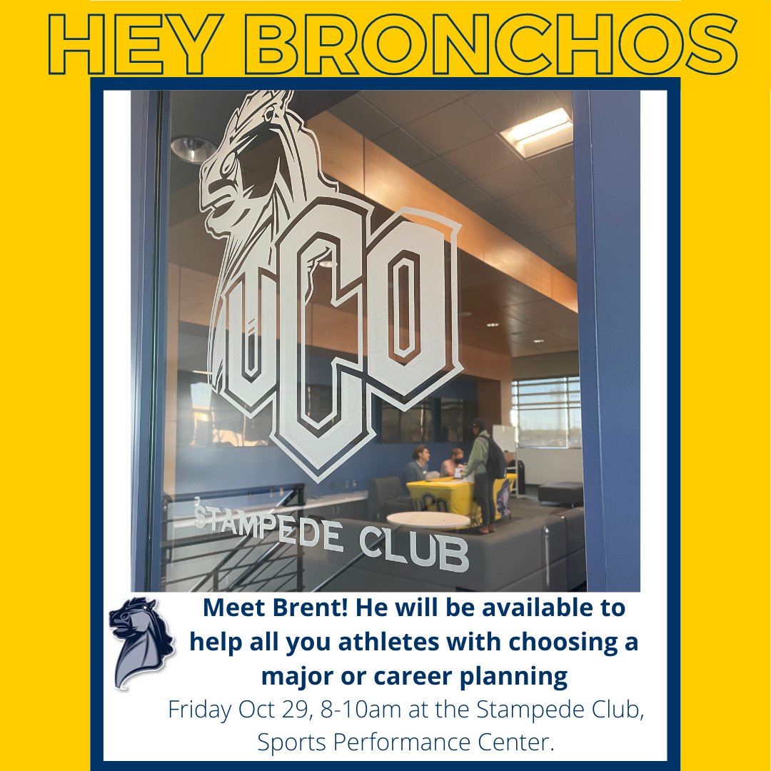 UCOCareerDevelopment (@ucocareerdev) on Twitter photo Hey Bronchos,
Meet Brent! Director of the career development center tomorrow from 8-10am at the stampede club, sports performance center
#UCO #UCOCareerDevelopmentCenter #StampedeClub <a href="/ucoathletics/">UCO Bronchos</a> Hey Bronchos,
Meet Brent! Director of the career development center tomorrow from 8-10am at the stampede club, sports performance center
#UCO #UCOCareerDevelopmentCenter #StampedeClub <a href="/ucoathletics/">UCO Bronchos</a>