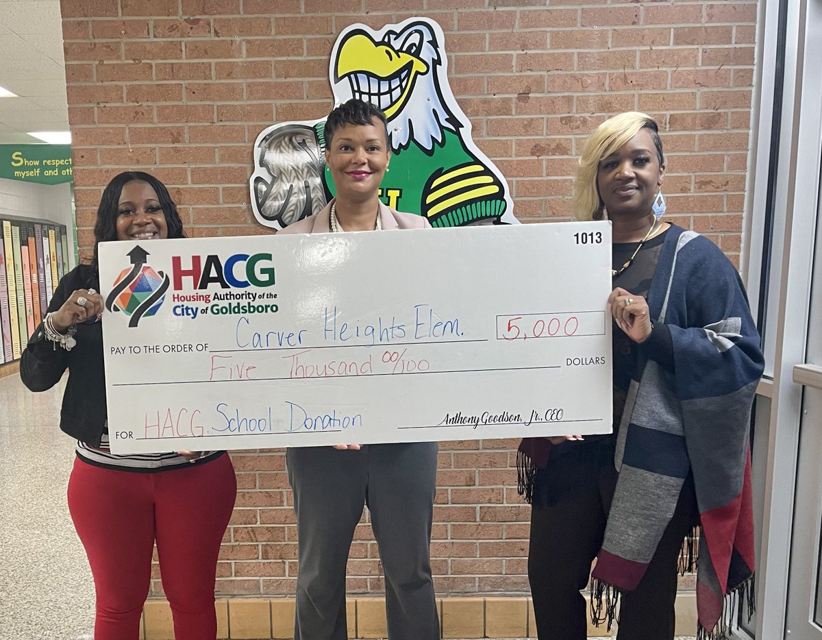 The Housing Authority of the City of Goldsboro (HACG) presented our school with a $5,000 donation! This donation will support educational enhancement.Thank you HACG for investing in our students! We love our community! We know they love us too! #EagleFam