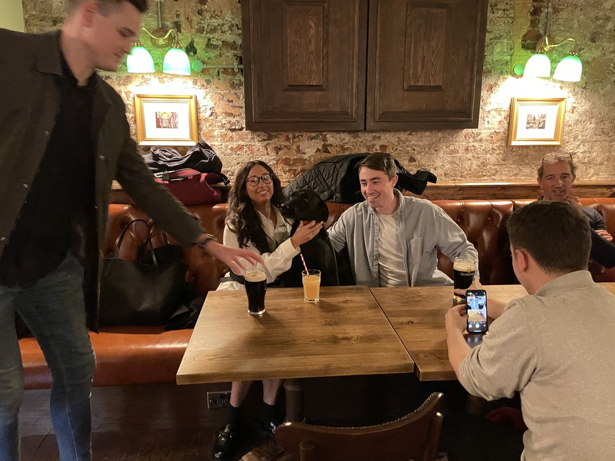 StuartWilsonRPI's tweet photo. Met a very nice Guard @SW_Help, yet more new friends @RPInsight & @WeWork & ended up in the pub again - don’t tell! Even found one pub named after me! Smiles all round. What a day. #DogThursday https://t.co/l8jY96P38w