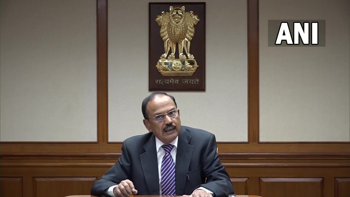 ANI's tweet photo. COVID-19 pandemic and devastating natural disasters have the potential to impact collective psyche of people, their economic well-being &amp; instill fears about their survival: NSA Ajit Doval at Pune Dialogue on National Security 2021, via video conference (1/2) https://t.co/v0PEOm7BN8