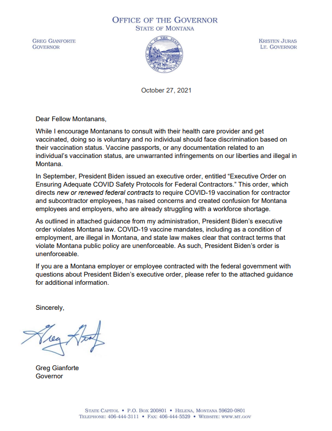 GovGianforte's tweet photo. President Biden’s vaccine mandate for federal contractors is illegal in Montana. 

Read my letter and guidance to Montanans here: https://t.co/2pT6I8kG07 https://t.co/wmOnQYNpxr