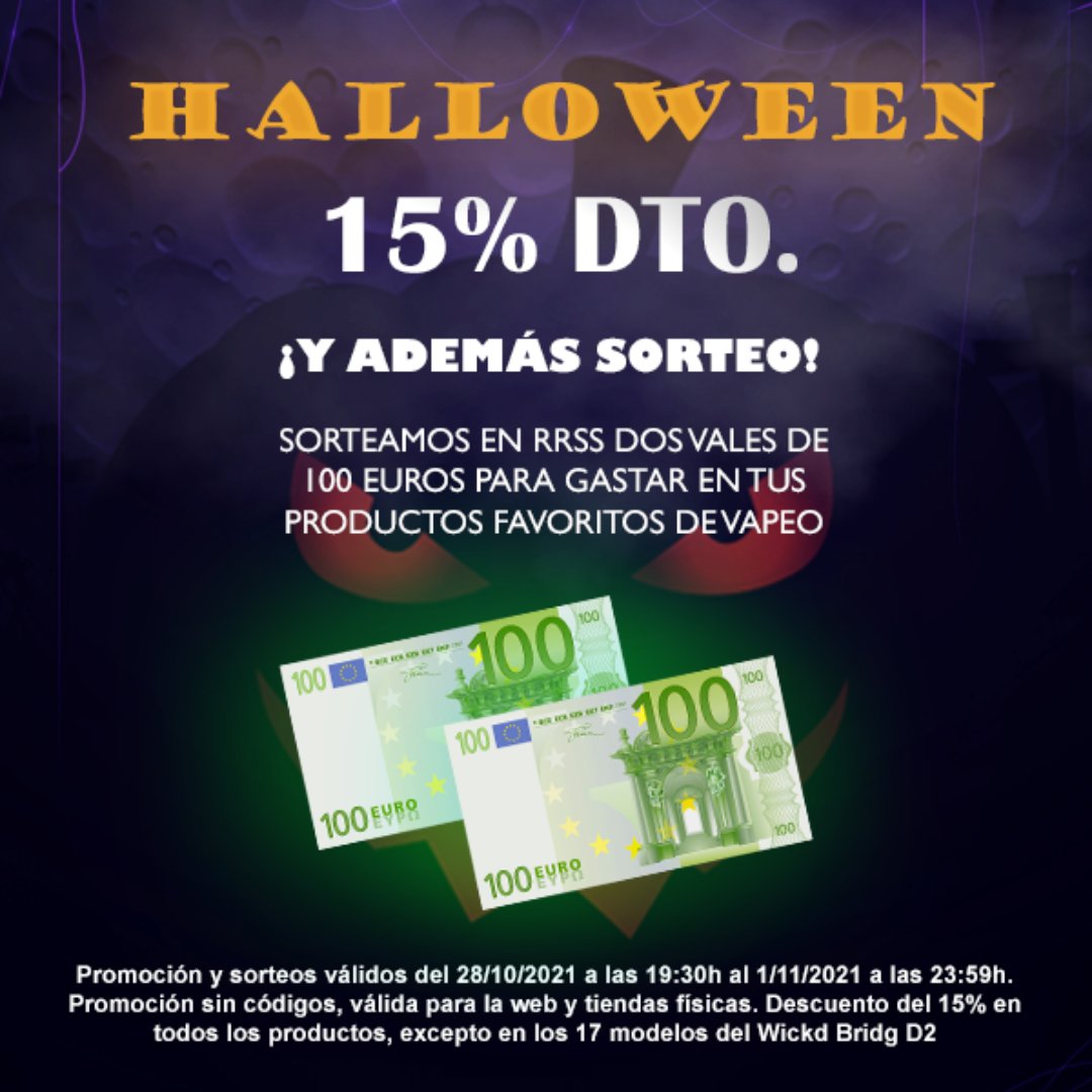 VapeoTotal's tweet photo. ¿Truco o trato? ¡¡-15% por Halloween!! 🎃👻

Celebramos el puente y la nueva apertura de Vapeototal #Badajoz con un 15% de #Descuento. Y cómo sabemos que os gusta, ¡traemos de nuevo un #sorteaco en FB e IG!

https://t.co/IWbc99QkHT https://t.co/0iszluBg4o