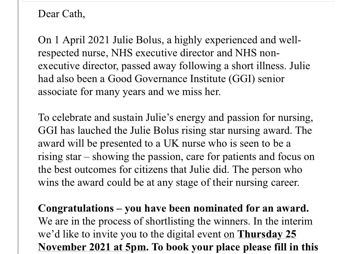 It’s taken a day to sink in since I received the email…I remain shocked and honoured to have been nominated for  the @GoodGovernInst  #JulieBolusAward 
A privilege  to even be considered for this-
Thank you to whoever nominated me 💕 <a href="/JanePickard9/">Jane Pickard 💙</a> @UHLfox <a href="/Leic_hospital/">Leicester's Hospitals</a>