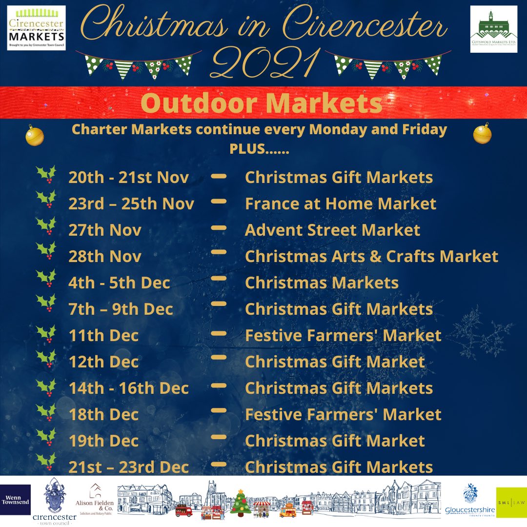 A busy month coming up!

Festive Markets start on the 20th. 

A Vegan Market on the 7th @CornHall_Ciren & France at Home Market from Tues 23rd to Thurs 25th on the #marketplace 

#markets #shoplocal #shopciren #cirencester #cotswolds  #frenchmarket #veganmarket #LYLM2021