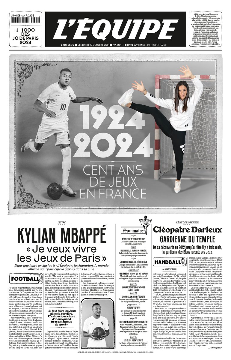 lequipe's tweet image. Voici la une de L’Équipe à 1000 jours des Jeux Olympiques de #Paris2024 ! #SportEnSeine
