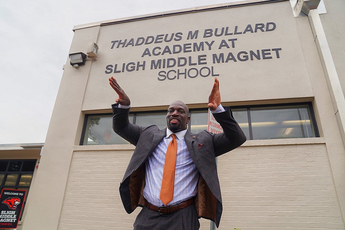 WWE's tweet image. Congratulations to #WWE Global Ambassador @TitusONeilWWE on the unveiling of the Thaddeus M. Bullard Academy at Sligh Middle Magnet School!