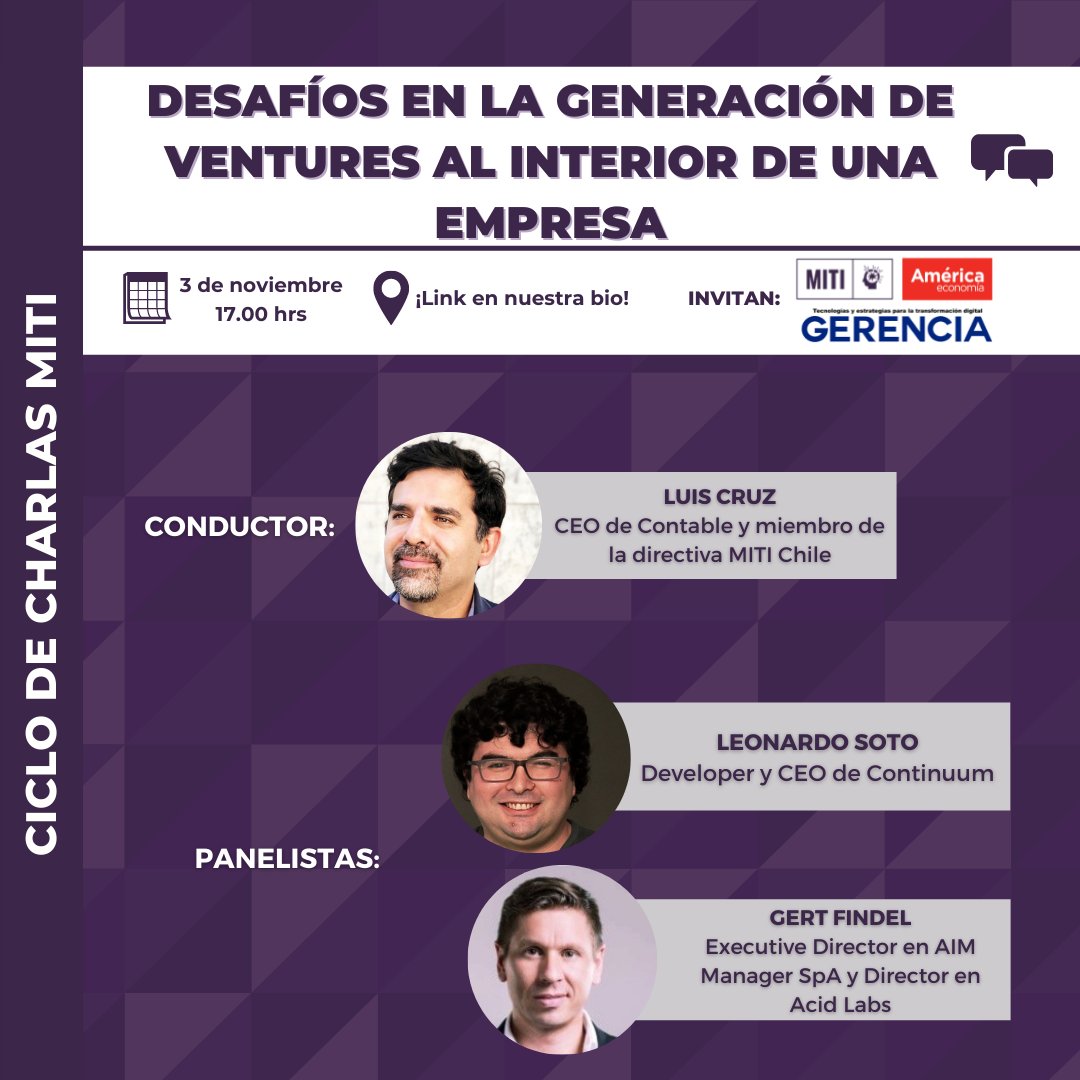 RevGerencia's tweet photo. ¡No te  pierdas esta charla de @MITI_Chile y ven a compartir experiencias en la generación de Ventures! Inscríbete ahora 😎 y confirma tu asistencia aquí: https://t.co/XvV8a0KYiX 
En @RevGerencia somos media partners! https://t.co/ZSWiD13fJS