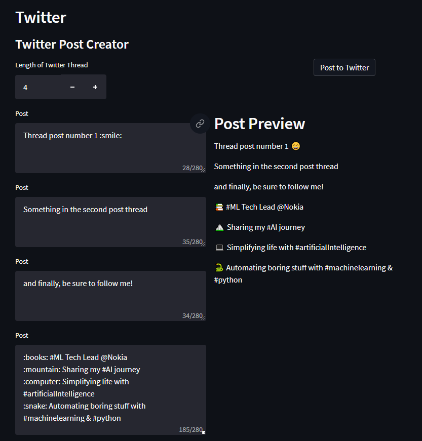 DanKornas's tweet photo. #100daysofcode BIG Update‼️

Ive FINALLY created the frontend in streamlit with #Python for creating Twitter posts or THREADS. The left you can add/write subposts. The right you get a preview of the full thread. Now to add the twitter API. 

Pushing it soon to #InfluencerAI repo https://t.co/K11QEASqwY