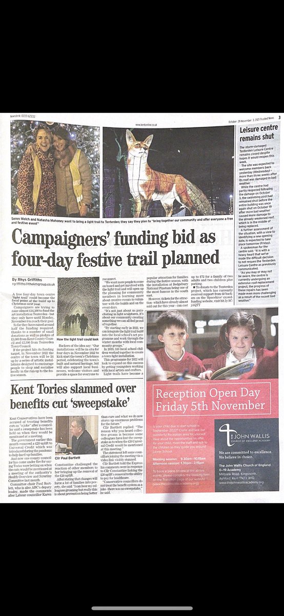 Fabulous feature all about our endeavours with #tenterdenlighttrail in this week’s <a href="/KentishExpress/">Kentish Express</a> 
supporting our <a href="/Spacehive/">Spacehive</a> crowdfunder. Special thanks to <a href="/TentChamber/">Tenterden Chamber</a> for their support.

Have you seen it? 

We’d love your help to reach out goal 🙏🏻