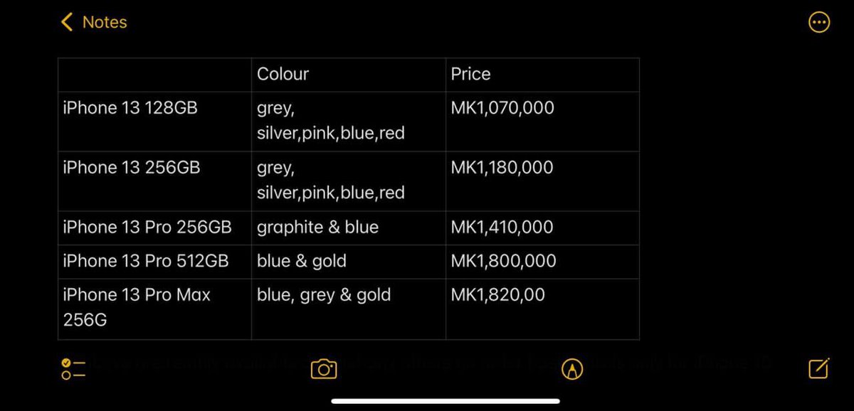 ElectronicsMnex's tweet photo. Readily Available 🇲🇼 all dual..iPhone 13 128GB  grey, silver,pink,blue,red - K1 069 000,iPhone 13 256GB  grey,silver,pink,blue,red - K1 179 000
iPhone 13 Pro 256GB graphite &amp; blue -K 1,410 000,iPhone 13 Pro 512GB blue iPhone 13 Pro Max 256GB blue grey &amp; gold - K1,820,000 #mnex https://t.co/0laM47Px9w