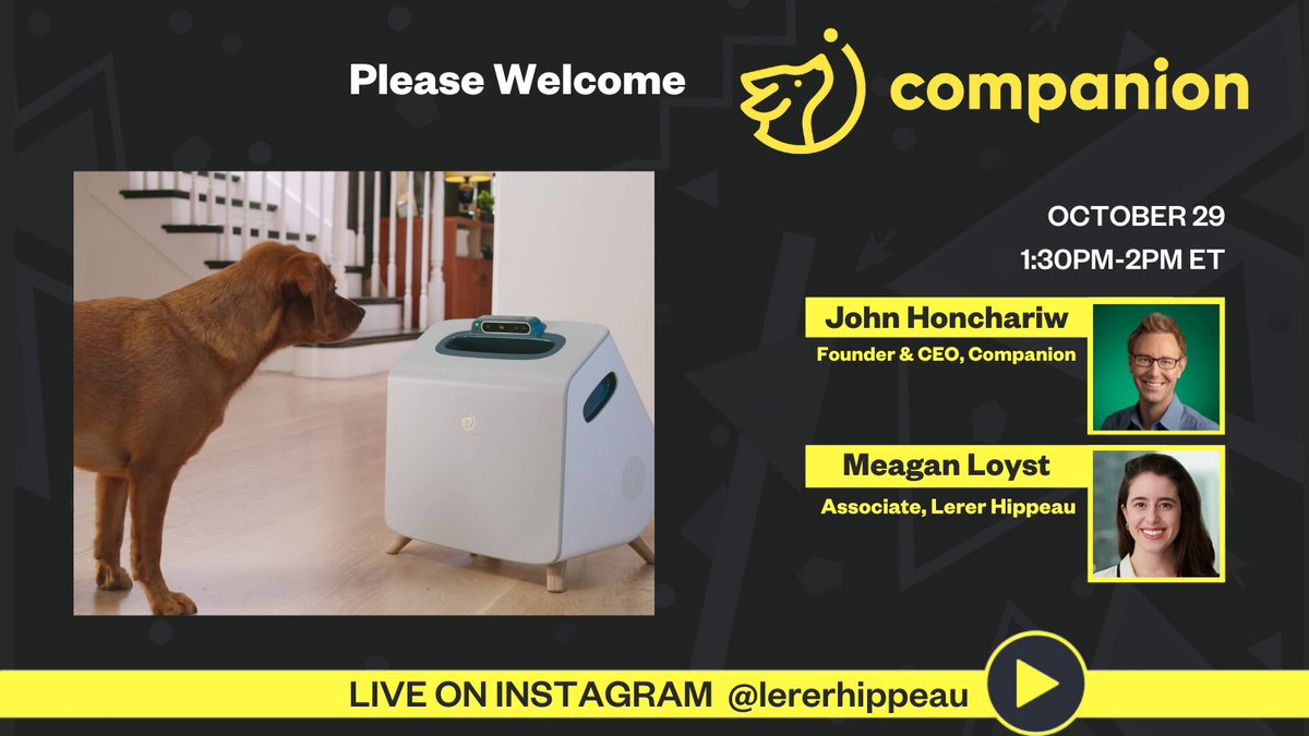 LererHippeau's tweet photo. Please welcome Companion. We’re going Live on @instagram tomorrow to discuss our latest investment. Join Lerer Hippeau associate @meaganloyst  and @CompanionDogAI  founder John Honchariw at 1:30pm ET to learn more about the company. https://t.co/E1PWMKMDR2