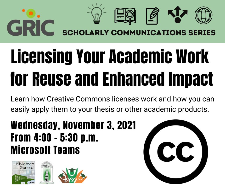 When you deposit your thesis in UPRM's repository, you can apply a Creative Commons license to the document to promote its redistribution and enhance its visibility. To learn more, register at  uprm.libcal.com/calendar/cedib…
<a href="/BibliotecaUPRM/">Biblioteca UPRM</a> @CEPRUM1 <a href="/ceegrum/">CEEG-RUM</a> <a href="/CEEGRUM_Oficial/">Consejo de Estudiantes Graduados - RUM</a>