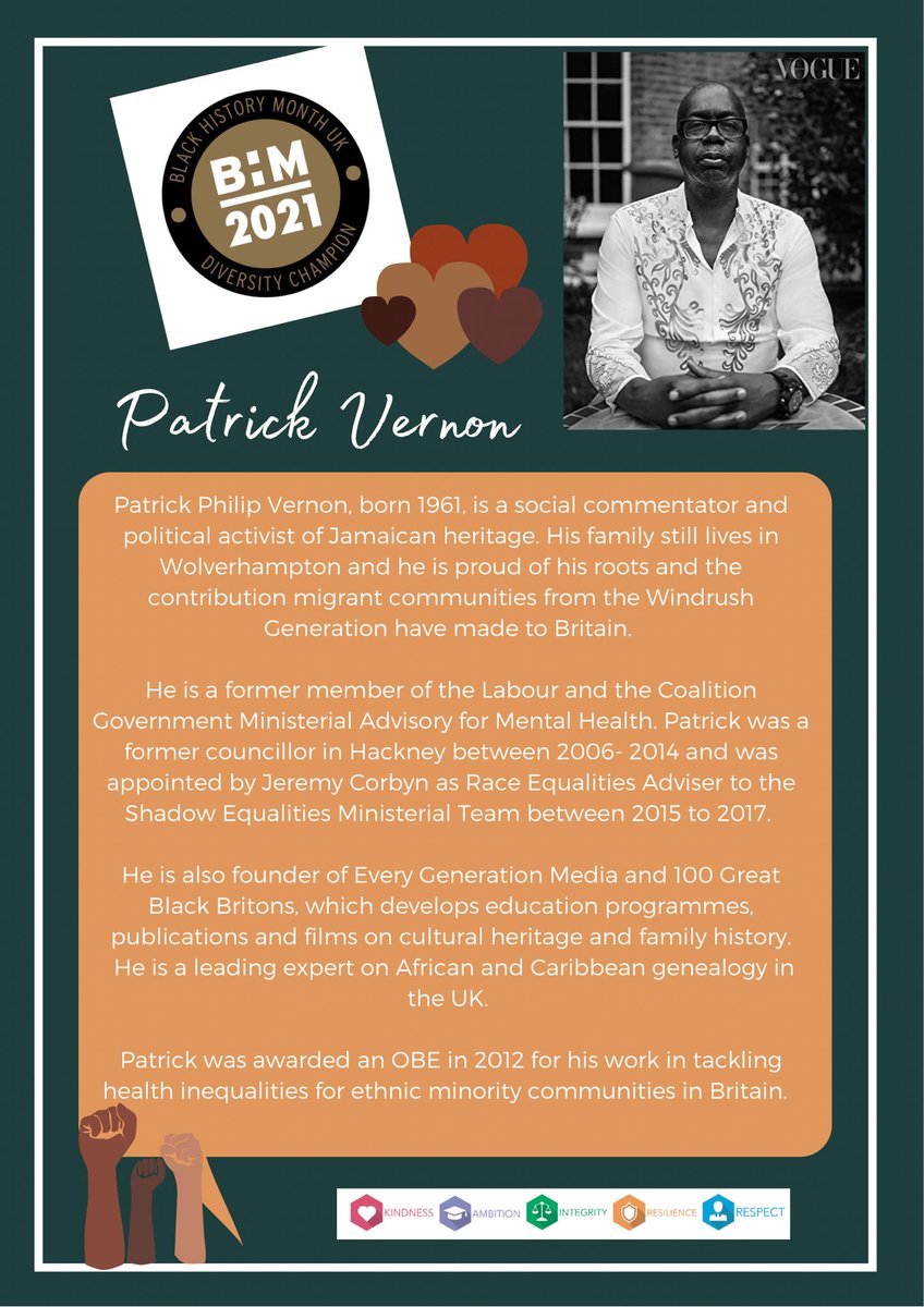 HillheadHS's tweet photo. This morning we learned about Patrick Vernon as our notable figure and diversity champion. Well done to Rose, one of our S6 prefects, who read out the information to the school via the tannoy. #BlackHistoryMonthUK #BHM #BHM2021 #BHMHHS https://t.co/JadJRTYohG