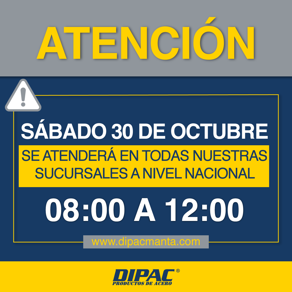 dipacmantasa's tweet photo. ¡ATENCIÓN POR FERIADO DE NOVIEMBRE!🚨

Este sábado 30 de Octubre estaremos atendiendo en horario normal de 08:00 a 12:00 en todas nuestras sucursales a NIVEL NACIONAL 👍

No dudes en contactarnos por nuestros canales, estaremos gustosos de atenderte.
https://t.co/jmZ8GE5FA3 https://t.co/xzHhDlh5DP