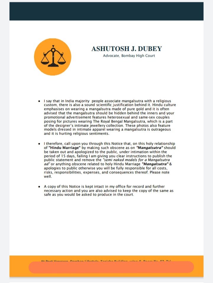 AdvAshutoshBJP's tweet photo. I have issued a Legal notice to Sabyasachi Mukherjee Indian fashion designer regarding using "semi-naked models for a Mangalsutra collection advertisement as "Mangalsutra" is part of Holy Hindu Marriage.

He outraged the holy Hindu Marriage (Mangalsutra). https://t.co/QPojQtiOKH