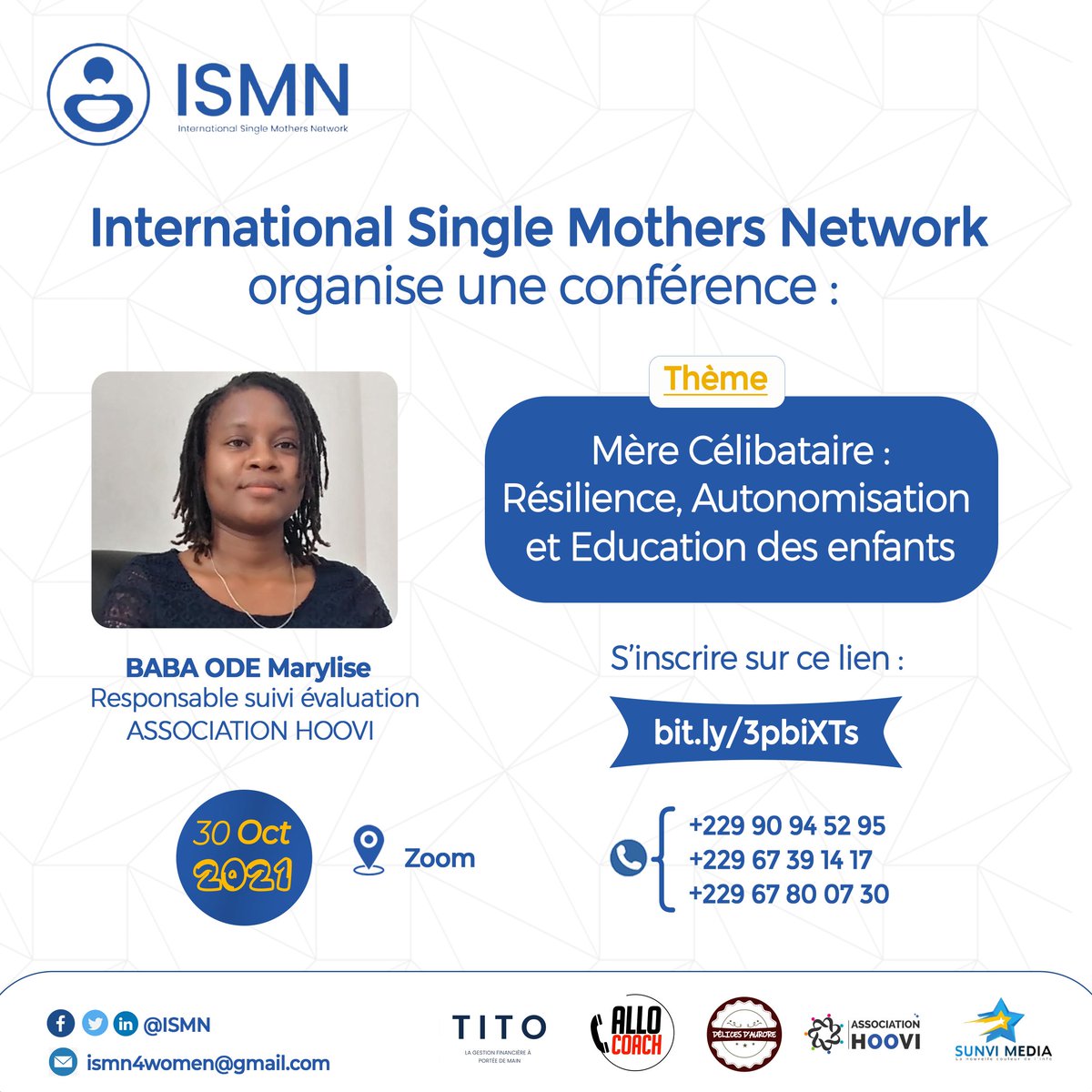 Ismn4singlemom's tweet photo. Mme Marylise BABA ODE, Administratrice de projets de développement.Responsable suivi evaluation au sein de l'Association HOOVI et Porteuse de l'initiative pour l'assistance des familles monoparentales "MIHOUTOU".

Lien d'inscription : https://t.co/xwENU7ftVg https://t.co/SnFa7XIvIr