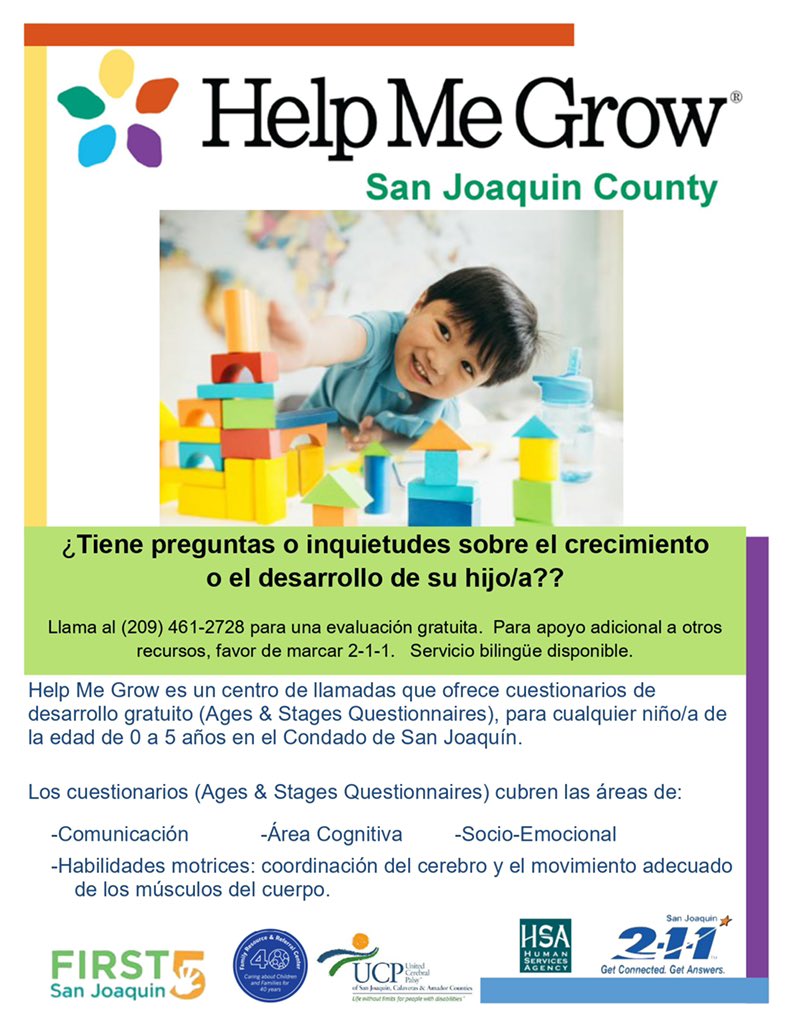 211Sj's tweet image. Do you have questions or concerns about your child's developmental growth? Call (209) 461-2728 for a FREE screening. 
For additional support to other resources, please dial 2-1-1. 211 is available 24/7, in over 200 languages. #developmentalscreening #first5sanjoaquin #Team211
