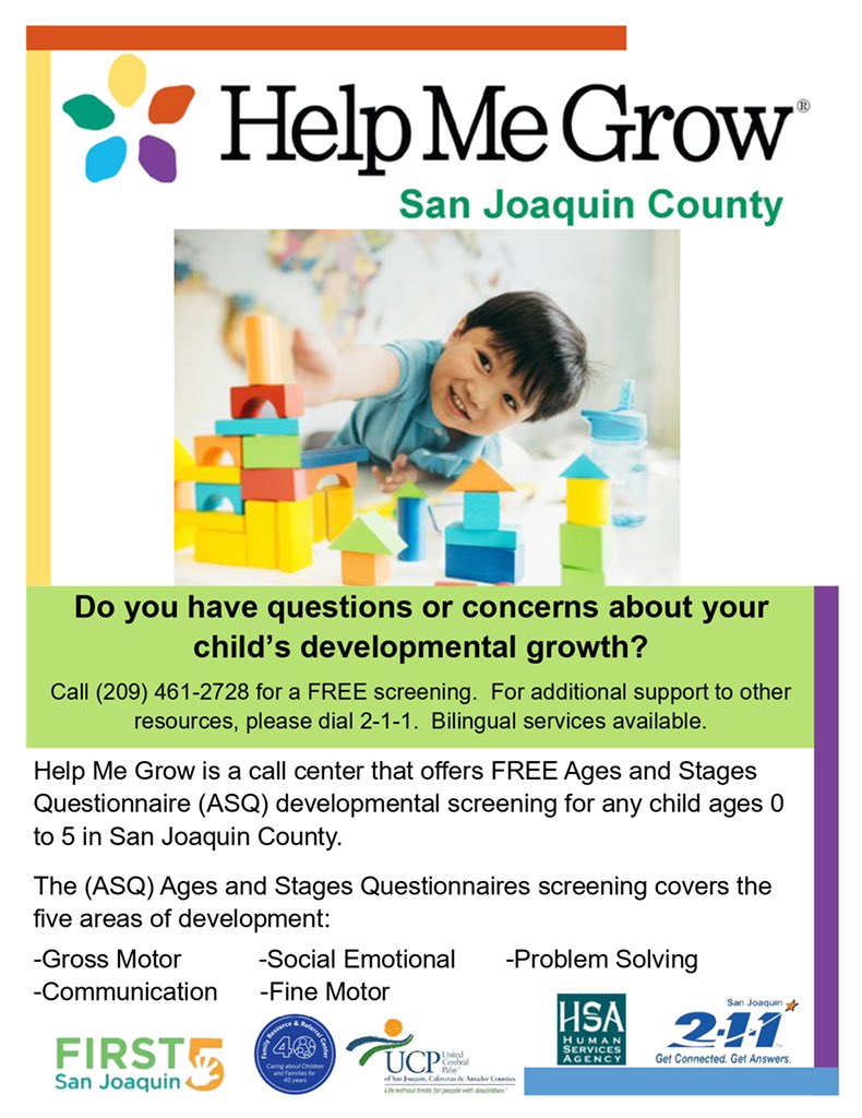 211Sj's tweet image. Do you have questions or concerns about your child's developmental growth? Call (209) 461-2728 for a FREE screening. 
For additional support to other resources, please dial 2-1-1. 211 is available 24/7, in over 200 languages. #developmentalscreening #first5sanjoaquin #Team211
