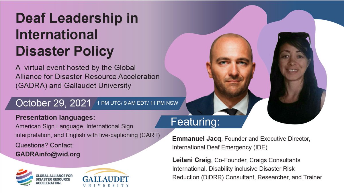 DisabilityGADRA's tweet photo. Join us tomorrow at 1 PM UTC/ 9 AM EDT/ 11 PM NSW!
The panel will outline how policy can be improved to advance Deaf leadership in disaster management, including the infrastructures and funding mechanisms needed to support implementation. Register here! https://t.co/D4MUe0lKCs https://t.co/ShmbC5z2Dk