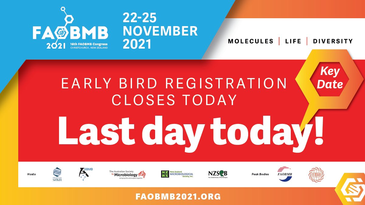 Early bird regos for our November virtual Congress closes today. 
The congress will have 4 x days of amazing people and science coming together online. 
The virtual rego is very affordable! NZ$145 member, NZ$95 student, NZ$195 non-member
Register today: faobmb2021.org/registration