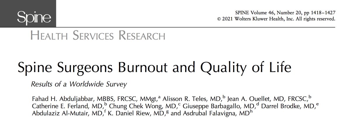 drfahadaj's tweet photo. Proud of this world wide study about #spine surgeons #burnout and quality of life  which was published recently  at  @SpinePhilaPA76 

Thanks to @AOSpine  @AOSpineNA @AOSpine_Latam  ,my partner @DrAlissonTeles   and the rest of co-authors
check it out https://t.co/BJ9cmTgY0D https://t.co/i8pYSRAYIp