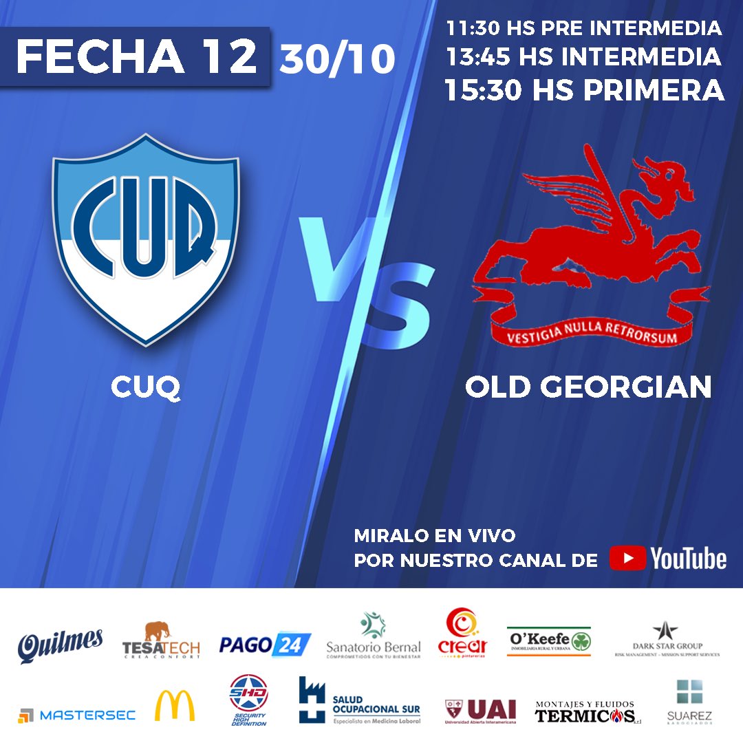 NUEVA FECHA!🏉 
Este sábado juega el CUQ de local vs. OLD GEORGIAN! @oldgeorgianrugby 
👉🏻La PRE INTERMEDIA juega de local vs. VARELA JR 

Vamos CUQ!!😀💪🏻 Alentá desde tu casa! Míralo por nuestro canal de YouTube! 👉🏻youtube.com/c/CUQTVoficial