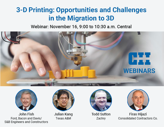 Join us on November 16 at 9 a.m. CST for this webinar hosted by the CII Technology &amp; Innovation Committee. bit.ly/3jMidAJ

#engineering #technology #3D #construction #3Dprinting