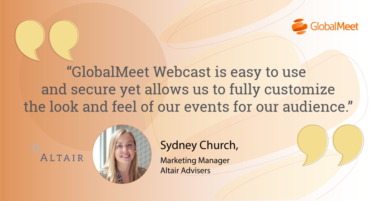 During the pandemic, wealth advisory firm @AltairAdvisers needed a new (and professional) way to engage with current &amp; prospective clients virtually. They chose GlobalMeet Webcast as their easy-to-use, customizable, &amp; secure #virtualevents solution: bit.ly/3G0YN4N