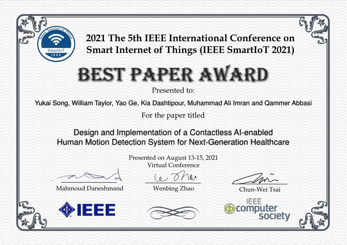 Congratulations to my undergraduate final year project student Yukai Song at Glasgow college UESTC for winning best paper award in IEEE SmartIoT conference 2021 @UESTC1956 @UofGSciEng @UofGCSI  @Prof_M_A_Imran @UofGEngineering
