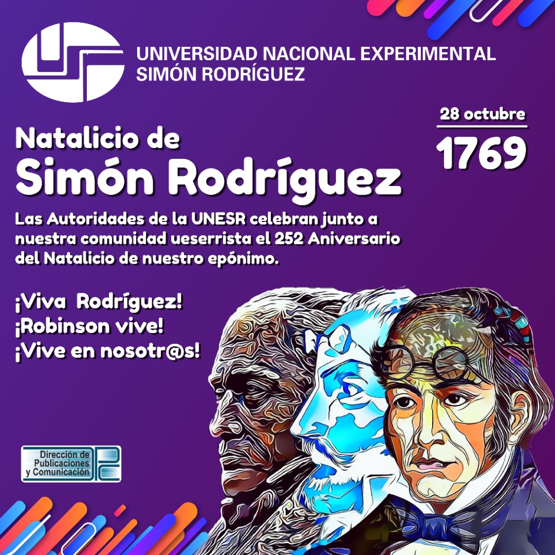 DPyeaUnesr's tweet photo. #DeaUnesr #SimónRodríguez

Desde el Decanato de Educación Avanzada nos unimos a la celebración por el 252 Aniversario del Natalicio de nuestro epónimo.

📣 ¡Viva Rodríguez! ¡Robinson vive!

Coméntanos tus resonancias del pensamiento de Simón Rodríguez.

Crédito img.
@unesroficial https://t.co/zORAoAp0B4