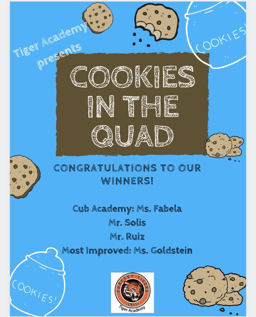 CHSTigerAcademy's tweet photo. 🍪Cookies in the Quad was a success! 🍪 Congrats to Mr. Ruiz, Ms. Fabela, Mr. Solis &amp; Ms. Goldstein’s classes! 💙🧡 @ChaffeyHSTigers @ChaffeyTennis @CHSLinkCrew1245 https://t.co/TEglbU559w