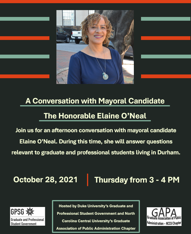 DukeGPSG's tweet photo. Join us over Zoom TODAY for a conversation with mayoral candidate Elaine O’Neal from 3 - 4 PM ET! 
She will be answering questions relevant to graduate and professional students living in Durham- with Q&amp;A at the end. 
All are welcome!
Zoom link: https://t.co/zUWYLgV5io https://t.co/Fqo4bpY1Ac