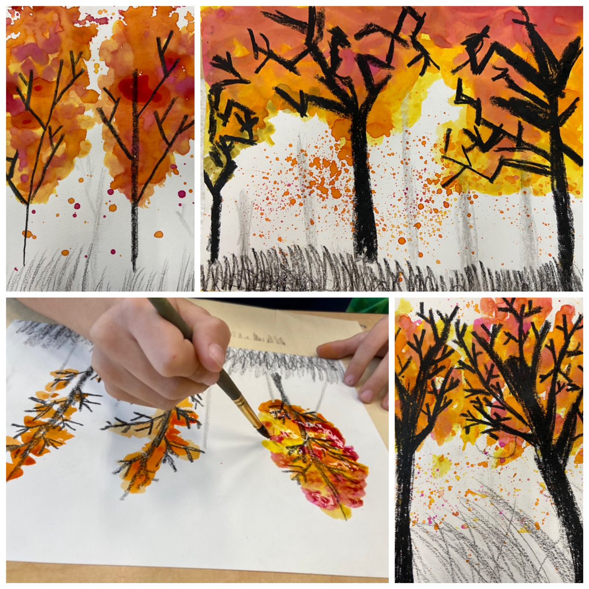 BNearhoofMES's tweet photo. Give me all the fall colors! These watercolors are stunning. Can you see how each artist made some trees look far away by drawing them gray? #atmosphericperspective #MESRocks https://t.co/wZSSis3LQH