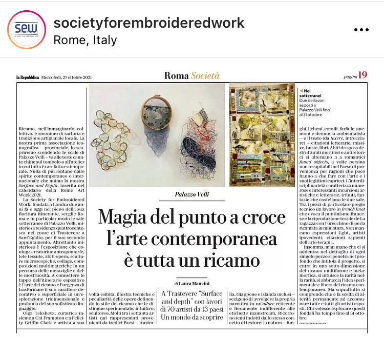 HafWeighton's tweet photo. The amazing team in Rome, where my art work is currently being shown have managed to get coverage in @lareppublica #romeartweek #societyforembroideredwork #welshart https://t.co/zZ4zg6a32B