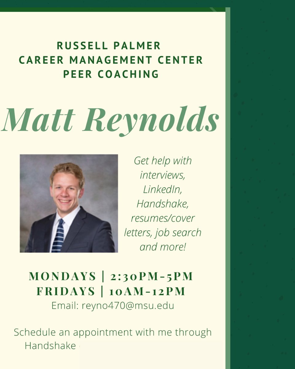 RecruitMSU's tweet photo. Meet one of our peer coaches, Matt! He is double majoring in Supply Chain Management and Environmental and Sustainability Studies. Schedule an appointment with him today for professional guidance. #RecruitMSU #BroadSpartans #SpartansWill https://t.co/OmdMdtzqQ0