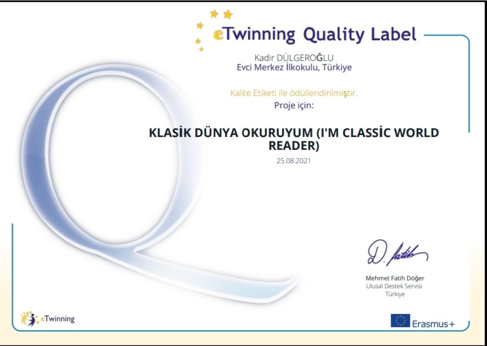 Okul Müdürümüz Kadir DÜLGEROĞLU'nun kurucu ortaklığını yaptıgı Klasik Dünya Okuruyum e twinning Projesi Ulusal Kalite Etiketinden sonra Avrupa Kalite etiketi ile ödüllendirildi.Emeği geçen veli ve öğrencilerimizi tebrik ederiz. <a href="/gokhanmurat1/">Murat YİĞİT</a> <a href="/zerersoy1/">özer ersoy</a> @nc_kasapoglu @MemTerme