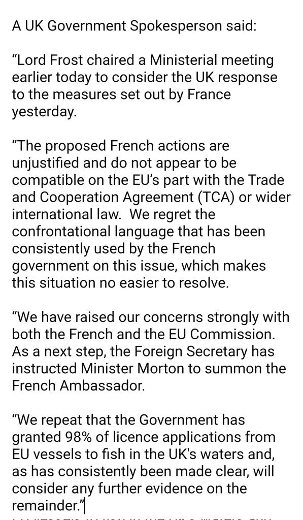 I remain concerned by French plans on fisheries and beyond. Foreign Secretary @trussliz has summoned French Ambassador @AmbColonna. We expect to have more to say on this issue tomorrow.