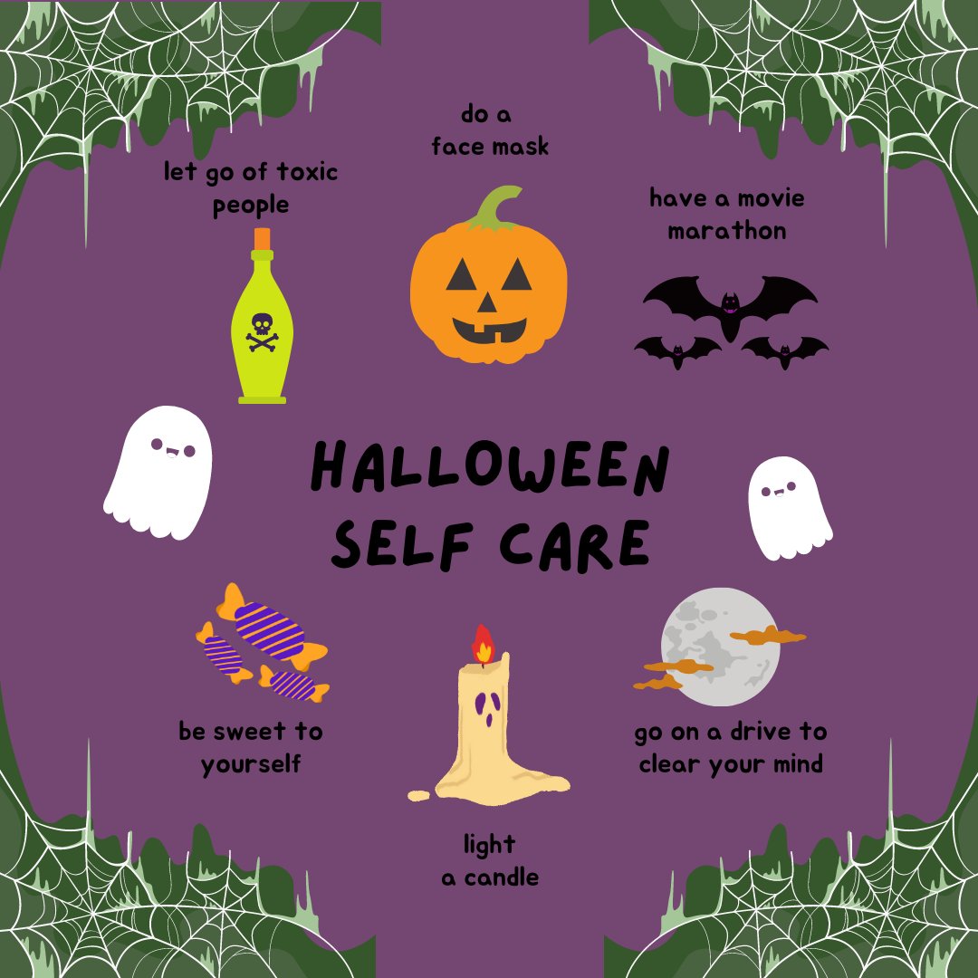 STANDUPTAMU's tweet photo. Happy Halloween! While everyone feels pressure to have plans for the holiday, just remember to do what you will truly enjoy. Don’t let the pressure of social media influence your plans. Above are examples of things you can do today for some spooky fun! 
🎃👻🦇🔮🧛🏽#SelfcareSunday https://t.co/CvPw3rZrJF