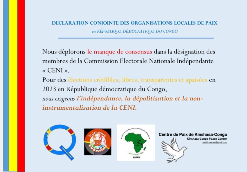 #RDC #Élections2023 
DÉCLARATION CONJOINTE. 
Non à la politisation et instrumentalisation de la <a href="/cenirdc/">Ceni-RDC</a> 

JOINT STATEMENT. No to the politicisation and instrumentalisation of the <a href="/cenirdc/">Ceni-RDC</a> (Electoral Commission)
<a href="/CENCO__RDC/">CENCO RDC</a> @AssembleeN_RDC <a href="/EccOfficielle/">OfficielleECC</a> <a href="/AfricaFwcc/">FWCC - AFrica Section</a> @TTTideGB