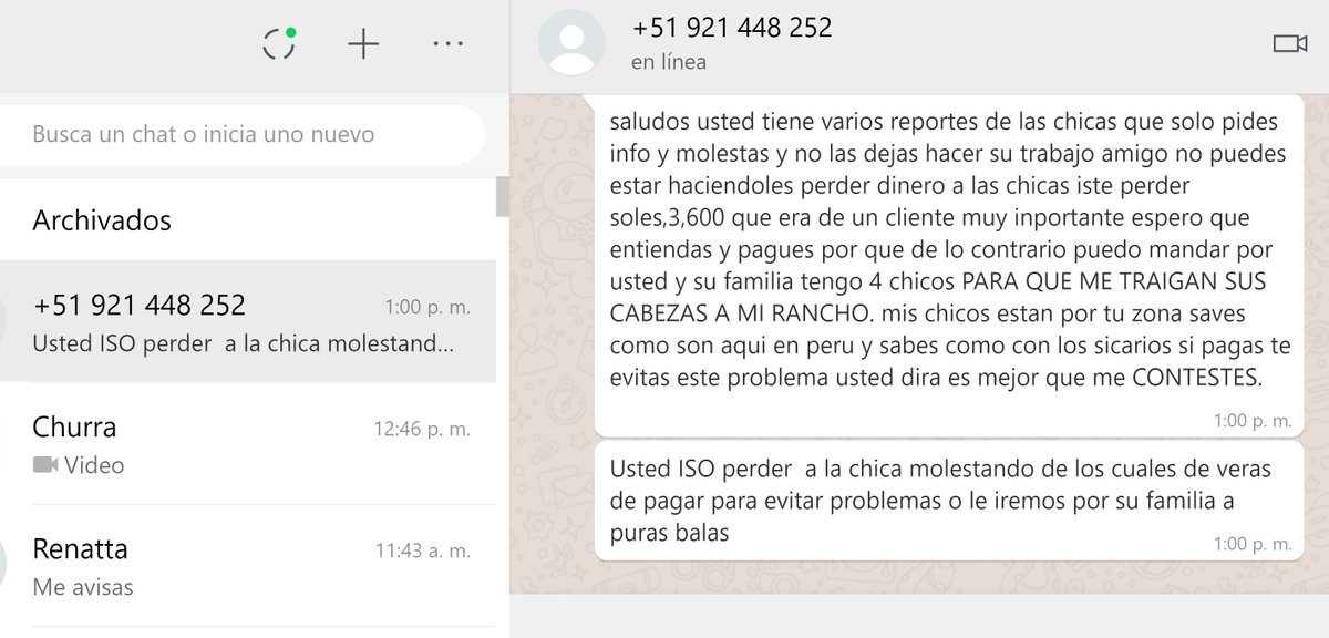 JoachenP's tweet photo. @martinbelaundem @aspauzarazuri @Antiguo_Peru POR FAVOR REENVIAR, REPORTAR EL NUMERO RECIBIENDO AMENZAS DE SICARIOS https://t.co/wLl3qa1npe