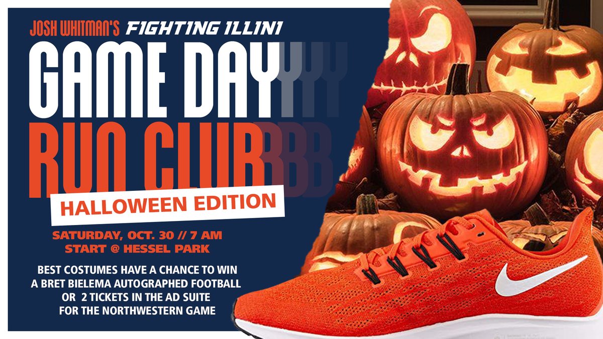 IlliniAthletics's tweet photo. Put on your running shoes and costume for @IlliniAD's ๐ ๐ป๐๐ฟ๐ฟ๐ช๐ฒ๐ธ๐ธ๐ฉ๐ป Run Club!
Best costumes have a change to win a ~not so~ spooky prize! https://t.co/sVVL7q14gn